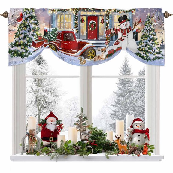 Christmas Tie Up Valances Curtain, Xmas Snowman Truck Bird Pine Tree House Snow Scene Adjustable Rod Pocket Short Window Treatment Tie Up Curtains Valances for Kitchen Living Room Bathroom 60x18 In