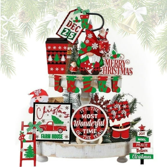 Christmas Tiered Tray Decor, Rustic Merry Christmas Xmas Tree Gnome Ornaments, Christmas Theme Wodden Sign for Kitchen Shelf Fireplace Holiday Party Decor