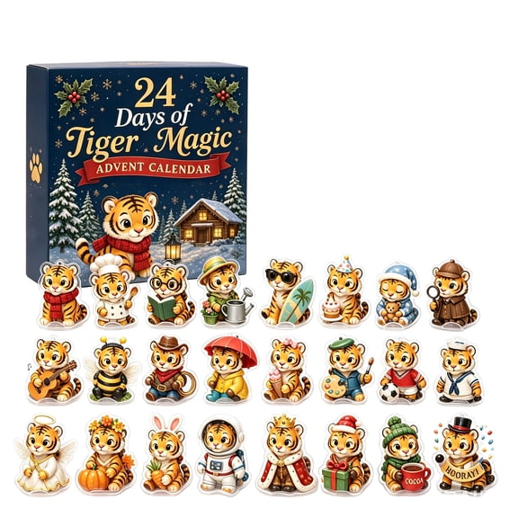Christmas Tiger Magic Advent Calendar 2026, 24Pcs 2D Acrylic Ornaments Collection, Jungle Animal Countdown Calendar with Daily Surprise, Holiday Gift for Tiger Lovers