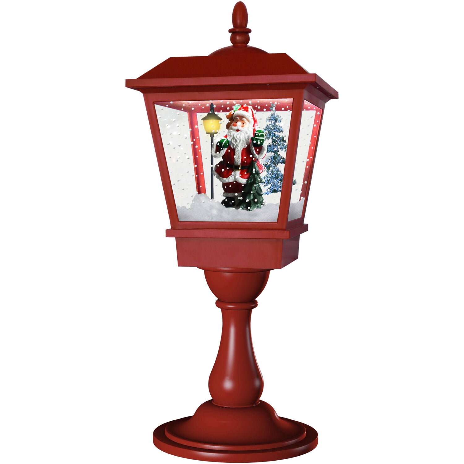 Christmas Time 25-In. Tabletop Musical Snowy Lantern | Santa Scene, Cascading Snow, and Christmas Carols | Red | CT-STL025SQA-RD