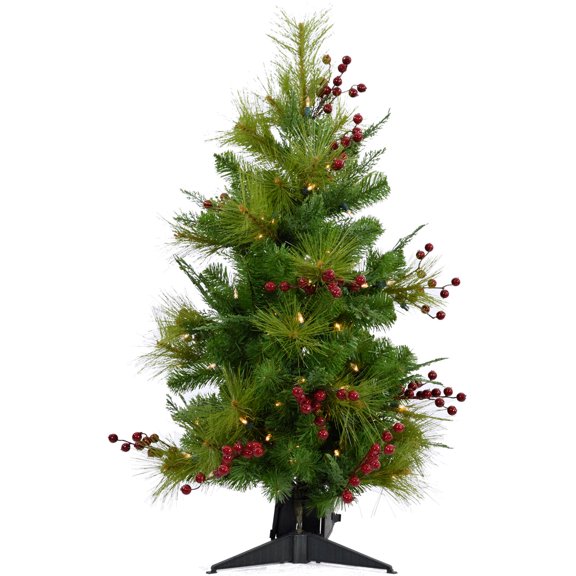 Christmas Time 4-Ft. Prelit Red Berry Mixed Pine Accent Tree, Warm White LED Lights, CT-RB056-LED