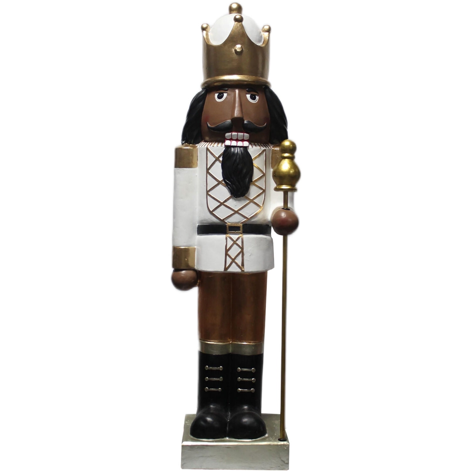 Christmas Time 48 In. African American Nutcracker Holding Staff Figurine Festive Indoor Holiday Decor Christmas Decorations Gold White
