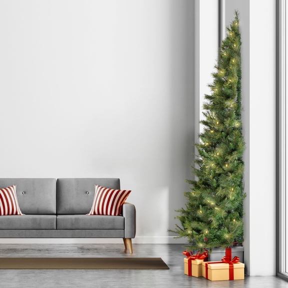 Christmas Time 7.5-Ft. Pre-Lit Half Wall Green Christmas Tree, Warm White LED Lights, CT-HFB075-LED