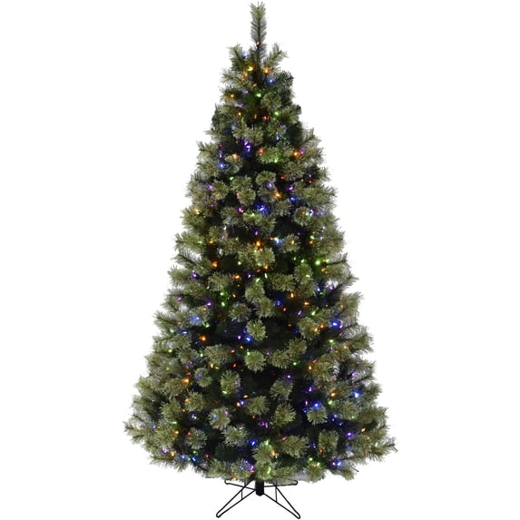 Christmas Time 7.5-Ft Prelit Vermont Pine Green Christmas Tree with EZ Connect Multi Color LED Lights and Metal Stand