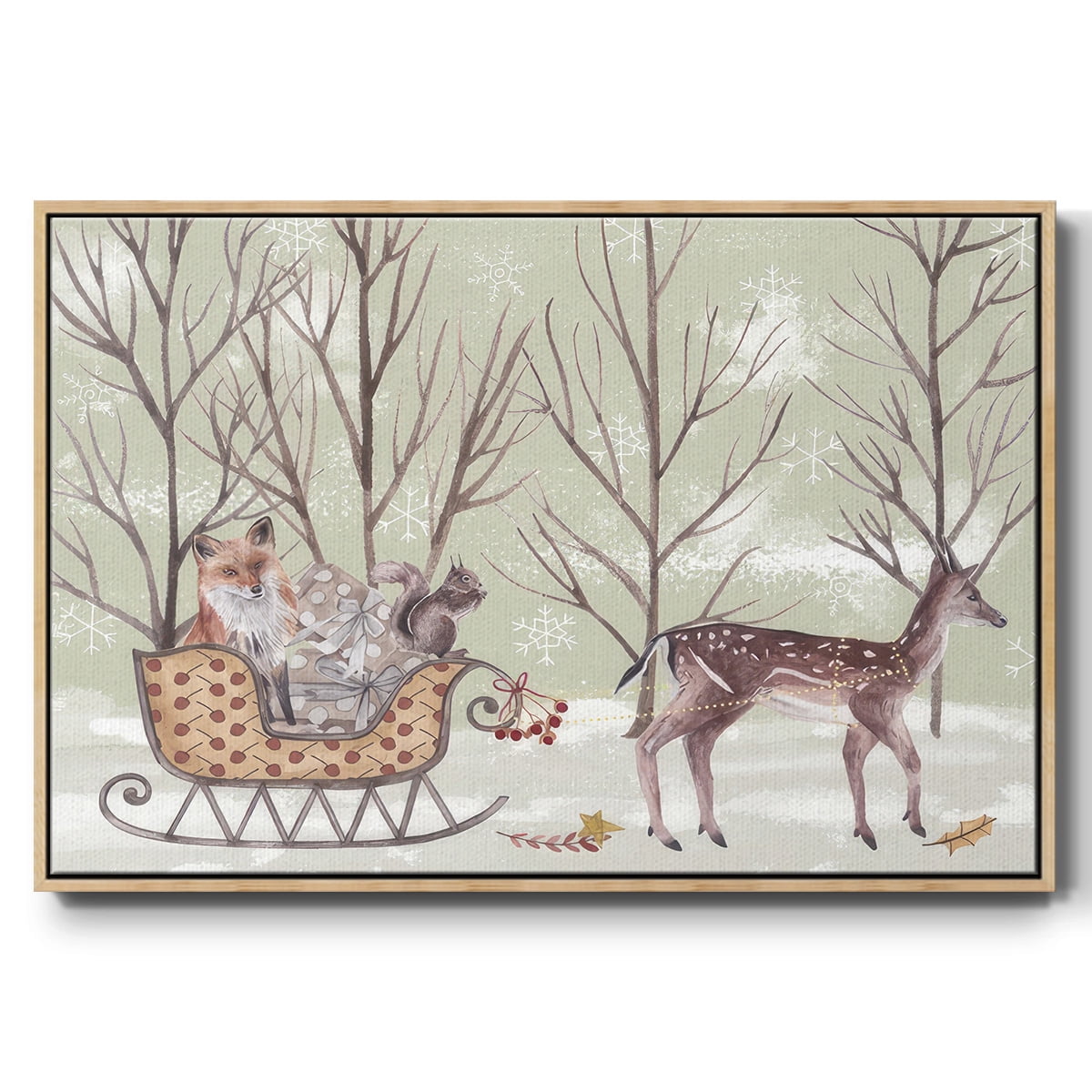 Christmas Time I - Framed Gallery Wrapped Holiday Canvas - 17 x 25 - Natural Wood Frame