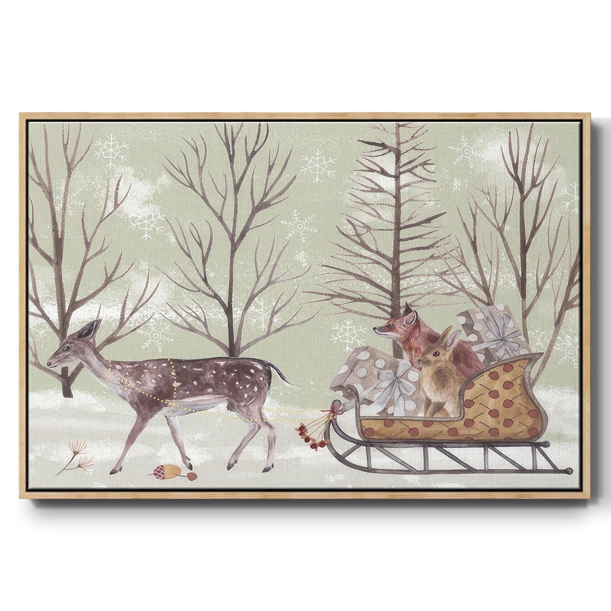 Christmas Time II - Framed Gallery Wrapped Holiday Canvas - 17 x 25 - Natural Wood Frame