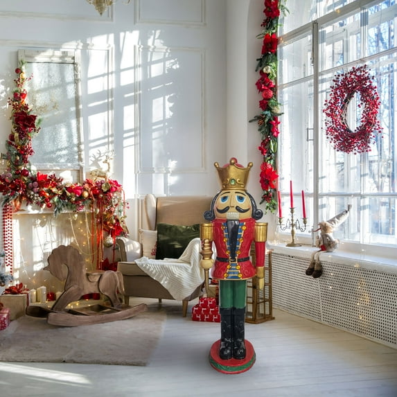 Christmas Time Resin Nutcracker King Statue Wearing a Crown | Lights Up with LED Lights | Standing Tall at 48 Inches | Perfect Decor for Christmas Time in the Home | Red | CT-RS048NC1-RD1