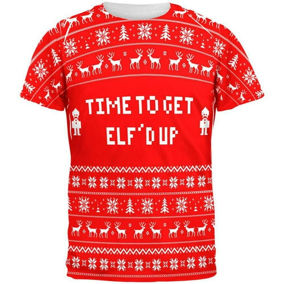 Christmas Time To Get Elf'd Up Ugly Sweater All Over Adult T-Shirt - 2X-Large
