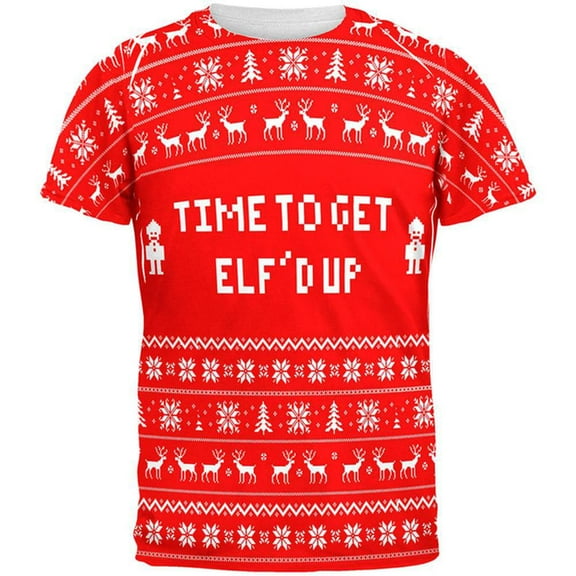 Christmas Time To Get Elf'd Up Ugly Sweater All Over Adult T-Shirt - Medium