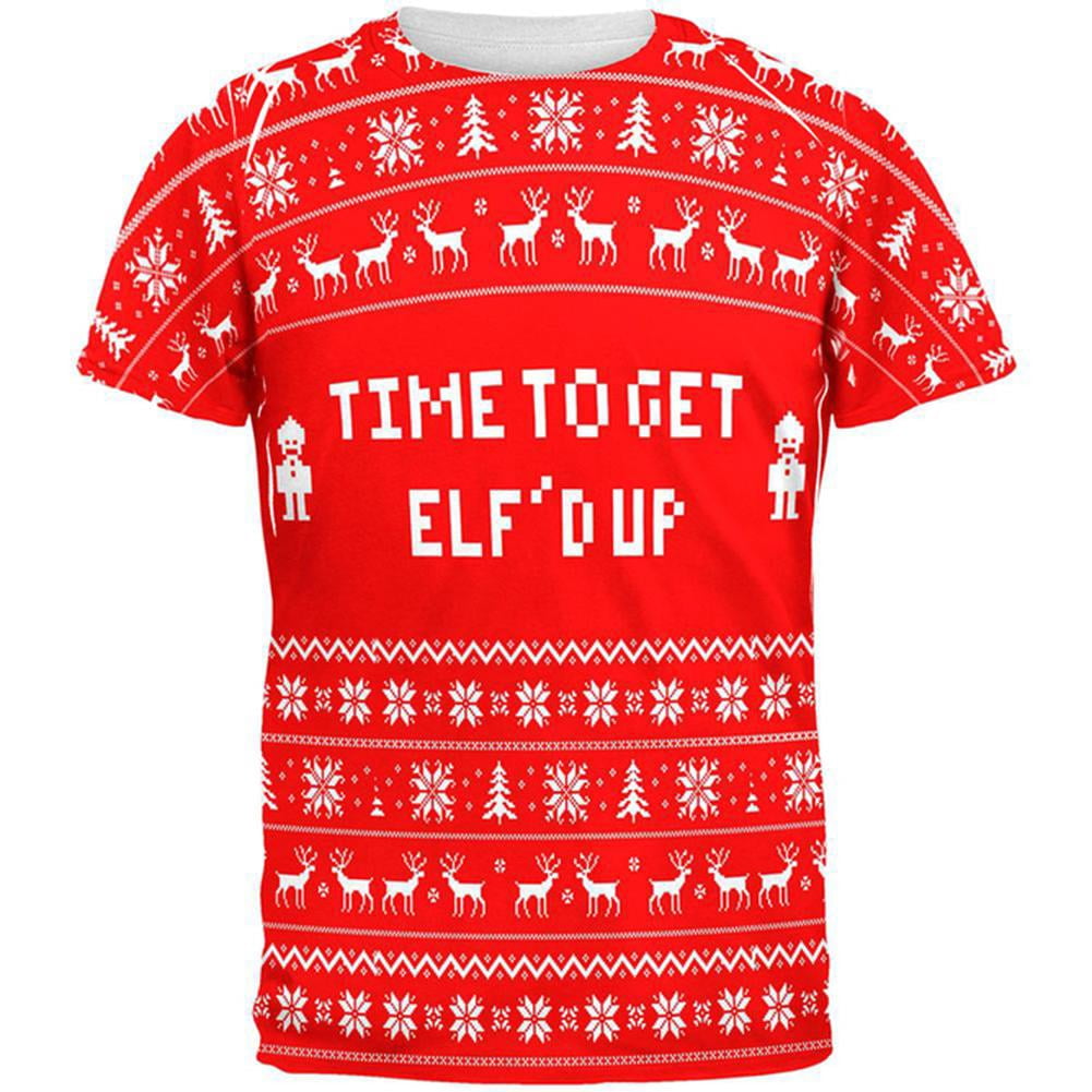 Christmas Time To Get Elf'd Up Ugly Sweater All Over Adult T-Shirt - Small