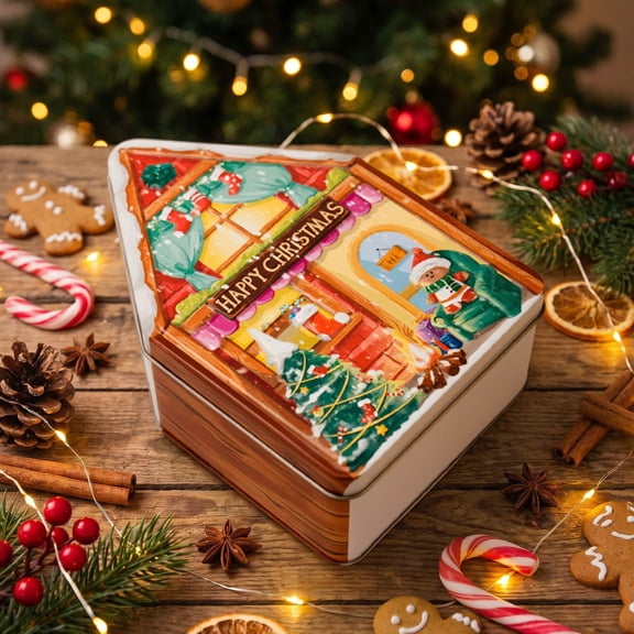 Christmas Tin Box with Lid, Small Metal Storage Container for Holiday Gifts, Home Tabletop Decor Organizer