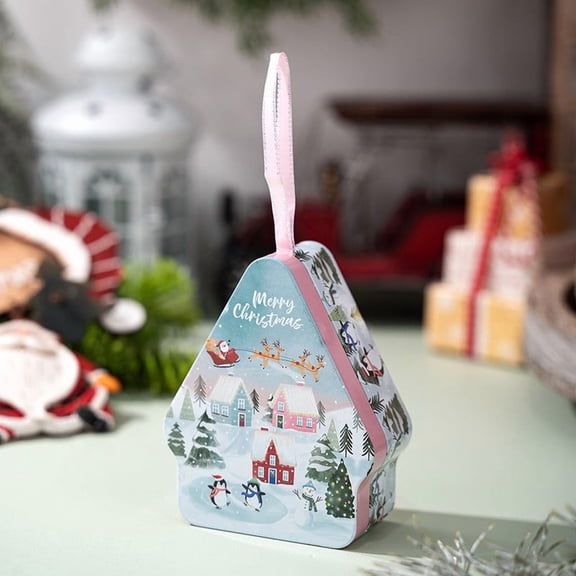 Christmas Tin House-Shaped Gift Box, Metal Storage Container with Lid for Candy and Cards, Durable Decorative Box for Holiday Gifts (D) _##A
