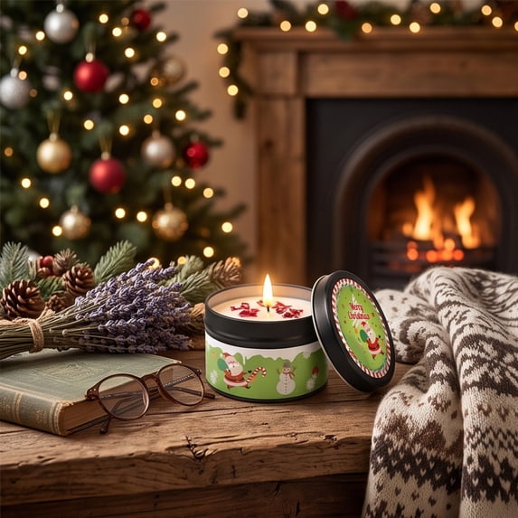 Christmas Tin Scented Candle with Dried Petals, Aromatherapy Wax Candle Gift Box Set, Festive Home Fragrance Decor for Christmas Party Holiday Gift, Winter Cozy Decoration, Indoor Holiday Ambiance