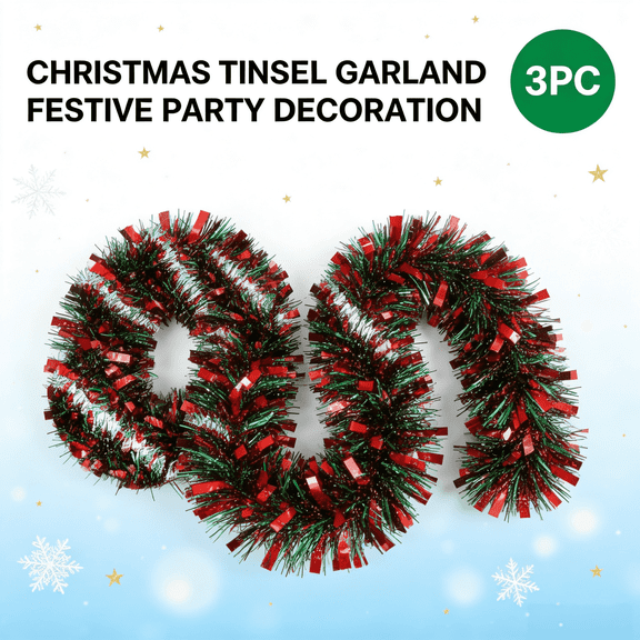 Christmas Tinsel Garland, 3 PC (Each 6.6 FT) Total 20 FT Thick Chunky Metallic Tinsel Twist Garland for Xmas Tree Stairs Railing Ceiling Fireplace Door Party Holiday Decoration