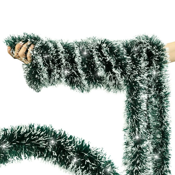 Christmas Tinsel Garland 33FT, Green & White Tinsel Garland with Shiny Metallic Garlands,Christmas Garland for Home Indoor Outdoor Party Decor