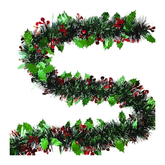 Christmas Tinsel Garland 78.74in Green Glitter with Leaves & Red Berries - Xmas Tree Decorations, Hanging Party Ornaments, Plastic Garland