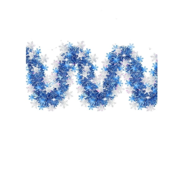 Christmas Tinsel Garland, Blue Silver Snowflake Metallic Streamer for Indoor Christmas Tree, Window Hanging Decor, 78.74 Inch Flexible Twist