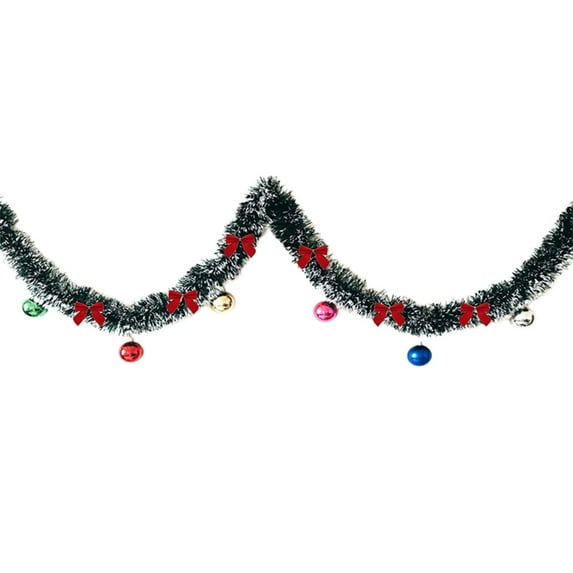 Christmas Tinsel Garland Decor, Dark Green Snowy White Tips Garland with Balls & Bows, Holiday Party Xmas Tree Decoration 2M (Red)