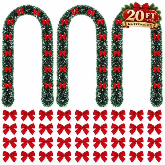 Christmas Tinsel Garland with Red Bows, 20Ft Dark Green Hanging Decorations for Xmas Tree Staircase Mantel Fireplace Home Door Window(White Border)