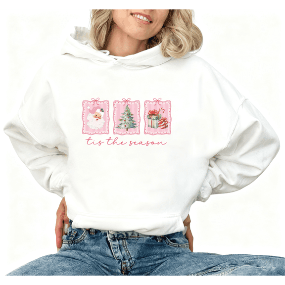 Christmas Tis The Season Pink Santa Tree Graphic Tee T-Shirt Print Top Hooded long-sleeved White S-2XL