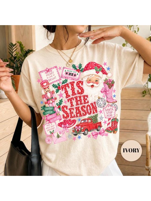 Christmas Tis The Season Retro T-Shirt, Coquette Nutcracker Holiday Collage, Santa Cowgirl Boots Tee