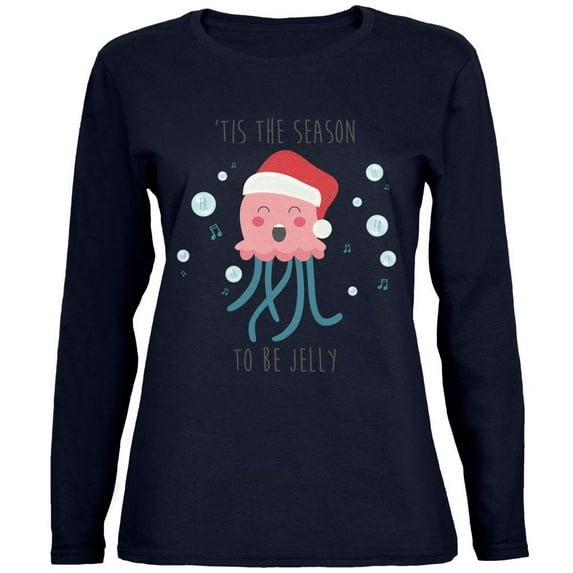 Christmas 'Tis the Season to be Jelly Jolly Jellyfish Pun Womens Long Sleeve T Shirt Navy LG