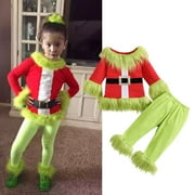 VIGORBEAR Christmas Toddler Baby Boys Girls Green Monster Costume Long Sleeve Faux Fur Trim Tops Pants Elf Cosplay Outfits Set