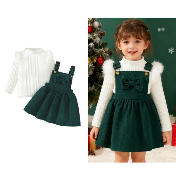 Christmas Toddler Girl Outfit Long Sleeve Ribbed Top Toddler Overall Dress 2 Piece Outfit Set 18-24 Months Girl Clothes