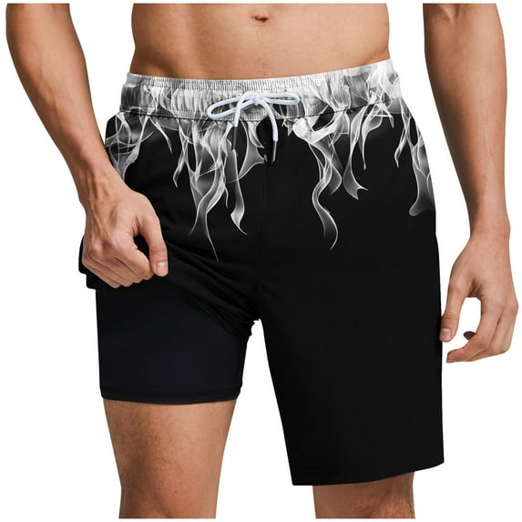 Flames Print Swim Trunks Mens 5 Inch Inseam Compression Liner Short Bathing Suit Lined Swimming Shorts Swim Suits