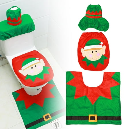 Christmas Toilet Seat Cover,3 Pieces Christmas Bathroom Decoration Set with Toilet Seat Cover,Rugs,Tank Cover Toilet Paper Box Cover,Xmas Party Accessories for Indoor Décor,Party Favors(Green)