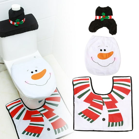 Christmas Toilet Seat Cover,3 Pieces Christmas Bathroom Decoration Set with Toilet Seat Cover,Rugs,Tank Cover Toilet Paper Box Cover,Xmas Party Accessories for Indoor Décor,Party Favors(White)