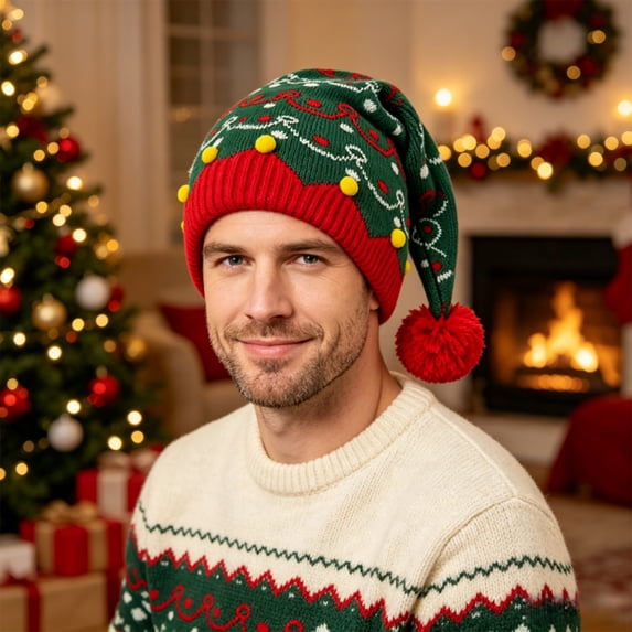 Christmas Top Cap Patterned Knit Hat with Ribbed Cuff, for Festive Photos & Outdoor Walking Daily Wear