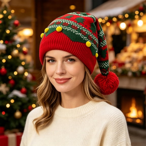 Christmas Top Cap Patterned Knit Hat with Ribbed Cuff, for Festive Photos & Outdoor Walking Daily Wear