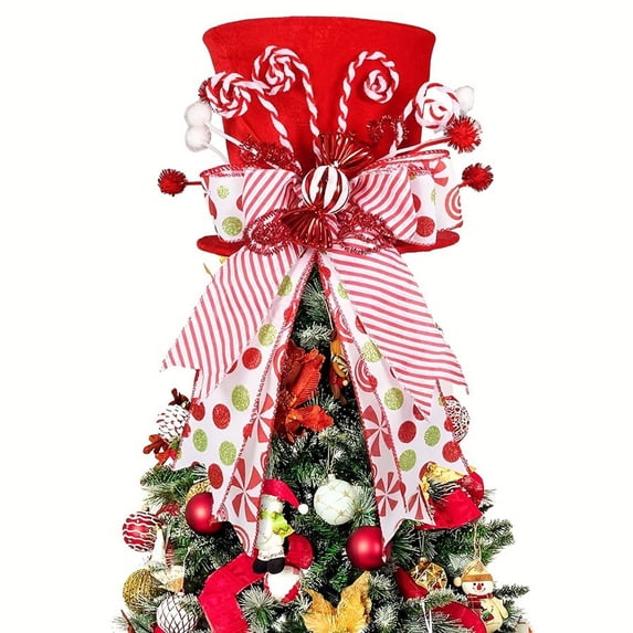 Christmas Top Hat Tree Topper, Candy Cane Xmas Tree Topper Hat, Red Festive Tree Top Hat Decoration, Christmas Tree Ornament, Peppermint Themed Tree Topper Decor, Fabric Tree Top Hat Topper