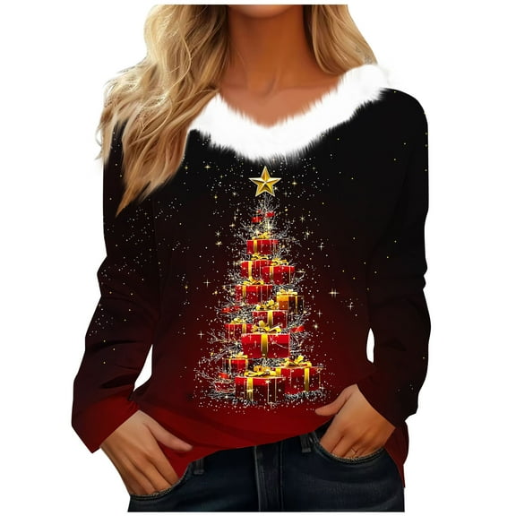 Christmas Top for Women V Neck Plush Collar Graphic Print Long Sleeve T Shirt Black L
