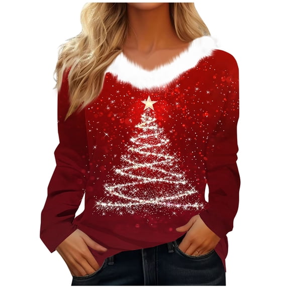 Christmas Top for Women V Neck Plush Collar Graphic Print Long Sleeve T Shirt Red 2XL