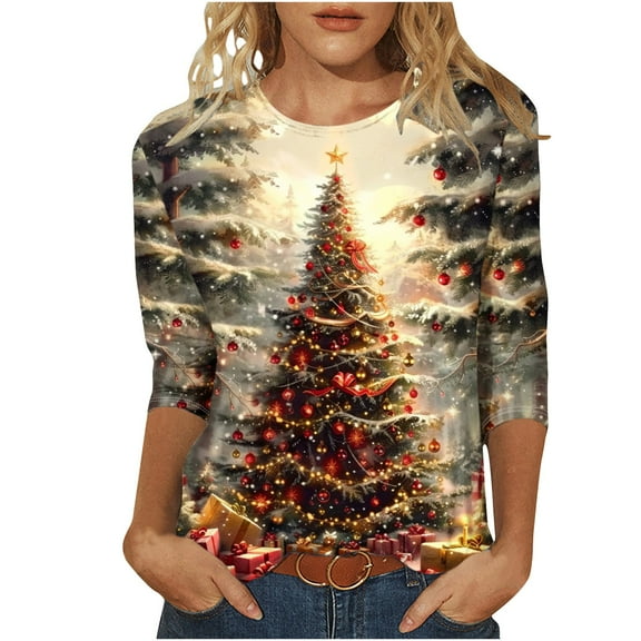 Christmas Tops 3/4 Sleeves MIUOWANP Women's Fashion Tees Casual Crewneck 3/4 Sleeve Loose T Shirt Ladies Tops Blouses Shirts Multicolor S