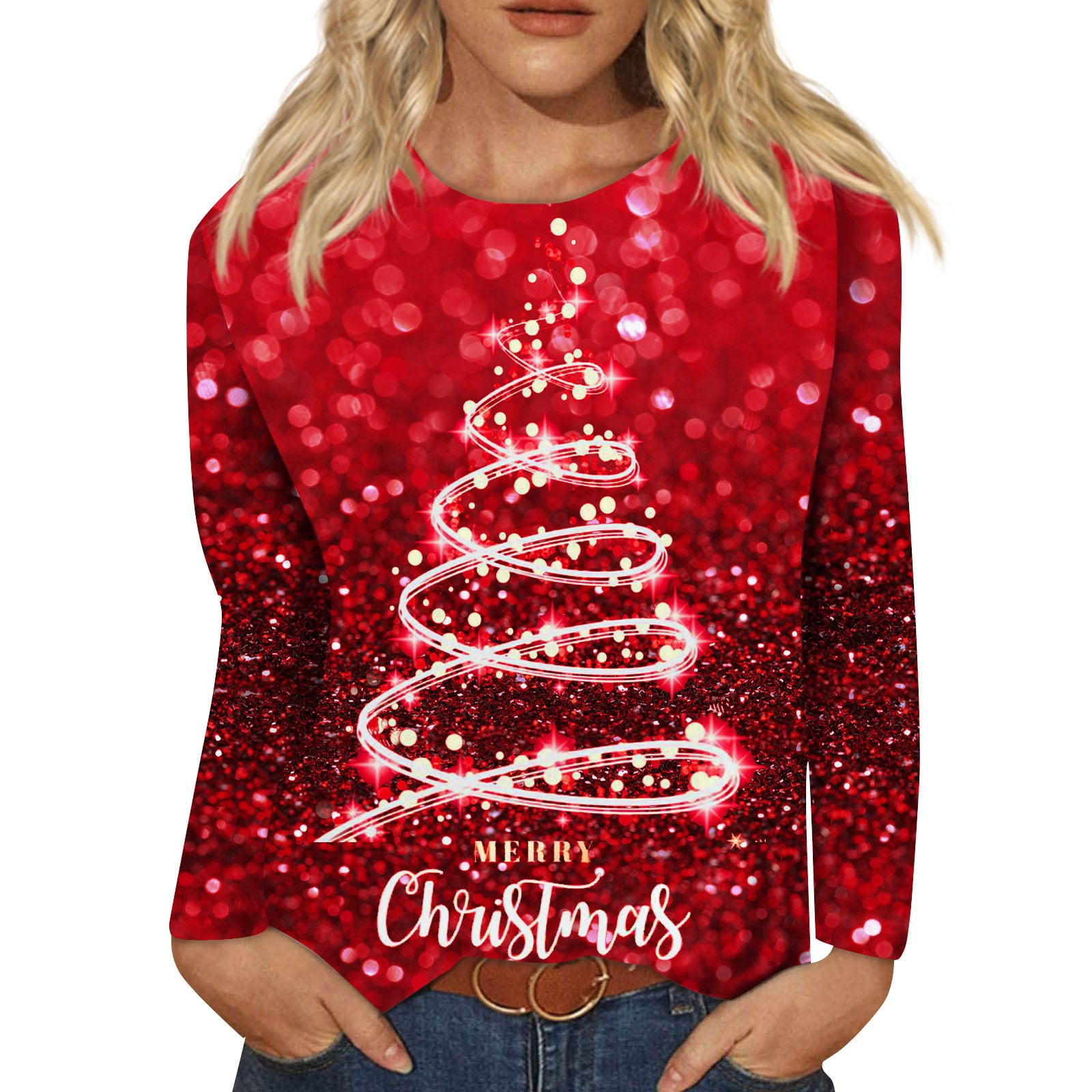 Womens Christmas Tops and Blouses Plus Size Winter Xmas Tree Santa Claus  Print Tunic Women Tops Dressy Crewneck Slim Fit Long Sleeve Oversized T  Shirts for Women Graphic Tee Spring Blouses and