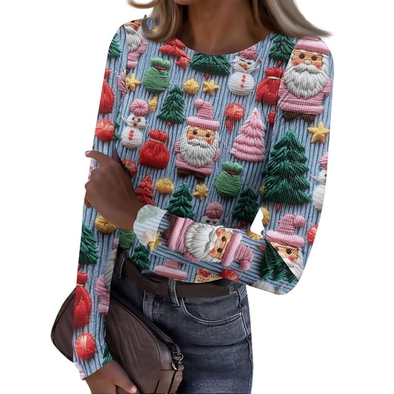 Christmas Tops for Women Long Sleeve Going Out Ribbed Slim Fit Novelty Xmas Santa Print Tee Blouses Spring Fall Trendy Holiday Casual Round Neck T-Shirts