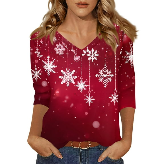Christmas Tops for Women Trendy 3/4 Length Sleeve V Neck T Shirts Women Xmas Tree Snowflake Print Graphic Tshirts Dressy Casual Blouse Y2k Tops Elbow Sleeve Graphic Tee