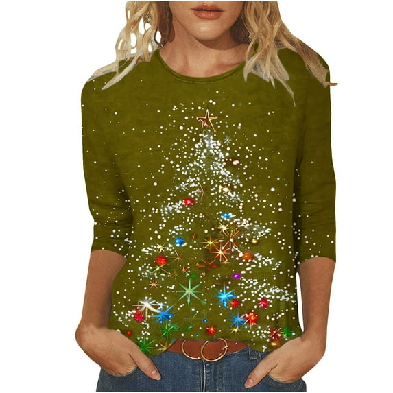 Christmas Tops for Women Xmas Tree Printed Sweatshirt Crewneck Pullover 3/4 Sleeve Tops Tshirt Sweaters Tops Holiday Tops Sport Activewear Office Work Tee Shirts 02-Army Green L