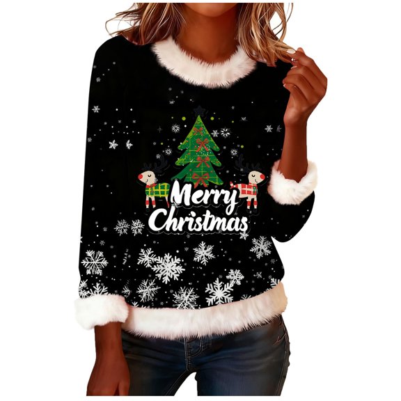 Christmas Tops Womens Xmas Tree Print Blouses V Neck Sweatshirt Long Sleeve Holiday Pullover Dressy Christmas Tops Winter Vacation Shirts