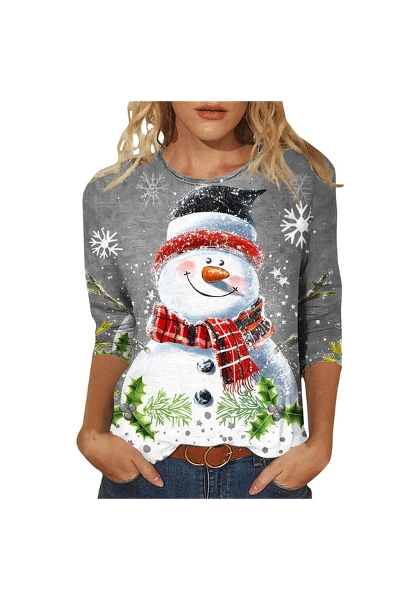 Christmas Tops for Women 2026 Cute Christmas Snowman 3/4 Length Sleeve Funny Plus Size Fall Xmas Tunic T Shirt