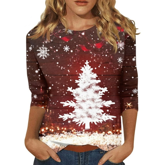 Christmas Tops for Women - Crewneck 3/4 Sleeve Christmas Tree Women Tops 00E White