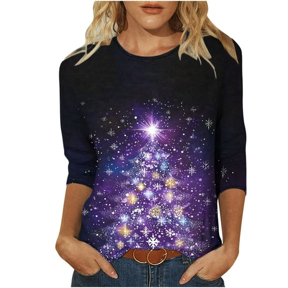 Christmas Tops for Women Crop Tops Loose Fit Workout 3/4 Sleeve Shirts Plus Size Long Black Blouses Plus Size Long