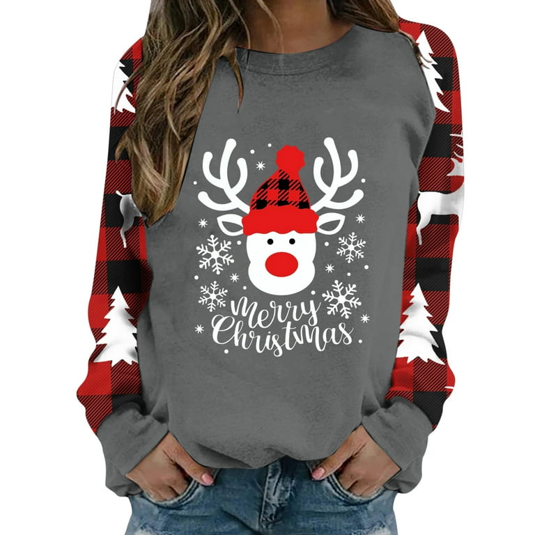 Christmas Tops for Women Cute Reindeer Print Casual Loose Long Sleeve  Crewneck Pullover Sweaters Sweatshirts 