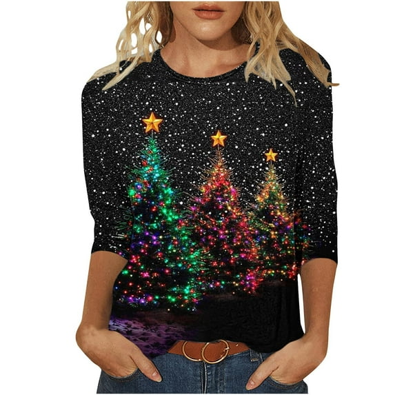 Christmas Tops for Women Cute Tops Fall Fitted Graphic 3/4 Sleeve Shirts Aesthetic Plus Size Blouses 3X