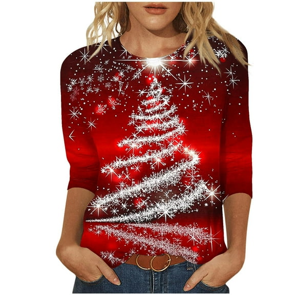 Christmas Tops for Women Fall Tops Dressy Casual Fitted Fall 3/4 Sleeve Shirts Blouses Dressy Casual Xs