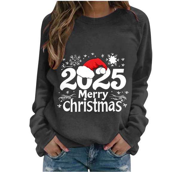 Christmas Tops for Women Graphic Long Sleeve Crewneck Pullover Sweatshirt Black XL