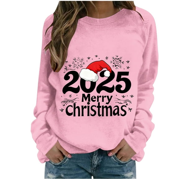 Christmas Tops for Women Graphic Long Sleeve Crewneck Pullover Sweatshirt Pink XL